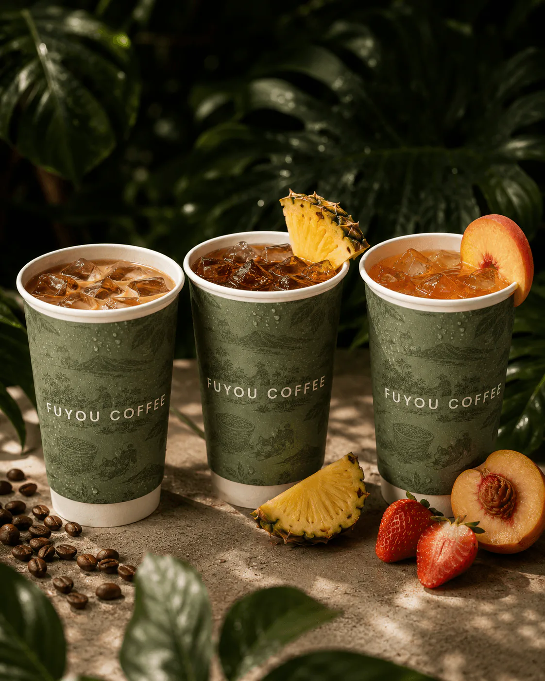 Three Fuyou Coffee drinks with coffee and fresh fruit